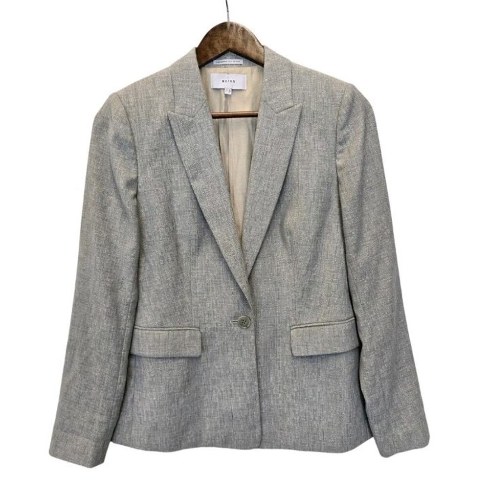 REISS Thea Grey Linen Blend One Button Blazer Suit Jacket Womens Size US 6